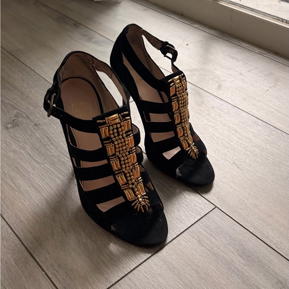 Saks Fifth Avenue Black Strappy High Heel Sandals with Gold Beading